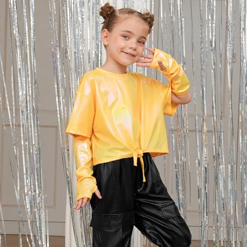 Image of Perfashion Girls Metallic Shirts Shiny Tie Front Knot Crop Top with Arm Sleeves for Dancing Raves Festivals 4-15 Years