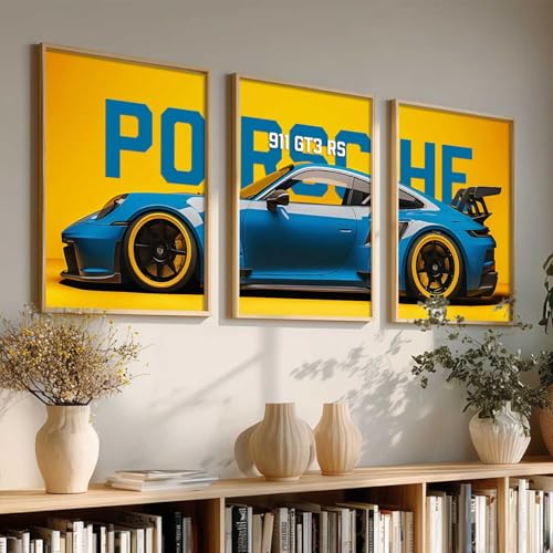 Image of HOMESY Sports Car Framed Posters Gift Items for Boys Room | Wall Decoration for Bedroom Living Room Office Gaming Room Decor | Sports Car Poster with Frame for Wall Decor Set Of 3 Size (13x17 inch, BROWN)