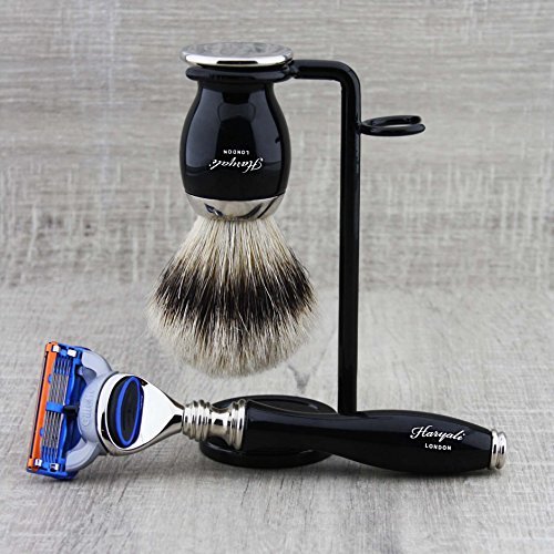 Haryali London Golarka 5 Edge Silver Tip, pędzel do golenia i stojak do golenia, zestaw dla mężczyzn