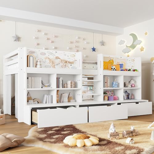 Image of Twin XL Size Low Loft Bed for Kids with Storage Shelves, Play Curtain & Chalkboard,Space-Saving Design,No Box Spring Needed (White-TX)