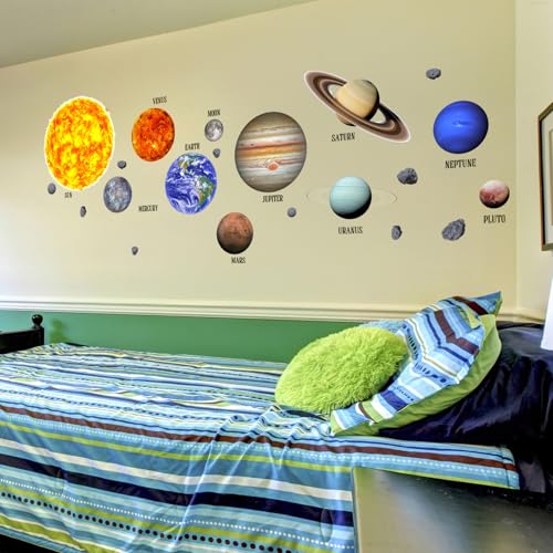 Solar System Wall Stickers Planets with Sun Decals Educational Theme Peel and Stick Astronomy Decals for Kids Room Bedroom Home Decor (Planets)