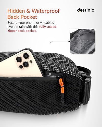 Image of Destinio Waist Bag for Men & Women | Travel Fanny Pack Pouch with Waterproof Zippers & Back Pocket | Anti-Theft Design, Key Holder, Adjustable Strap | Hip Bag for Hiking, Gym, Passport (Orange Zipper)