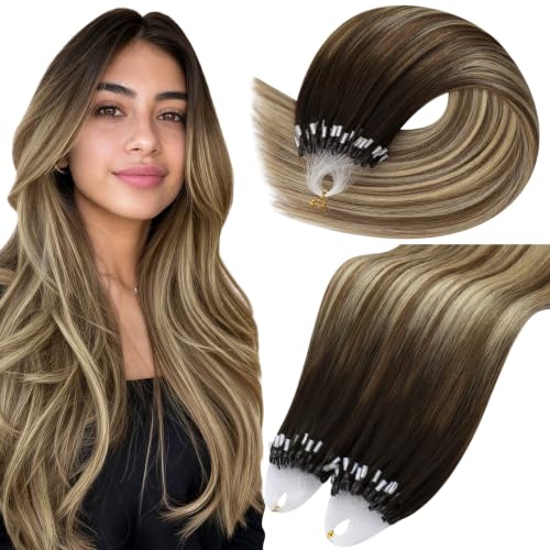 Moresoo Micro Link Hair Extensions Human Hair 24 Inch, Brown Bleach Blonde