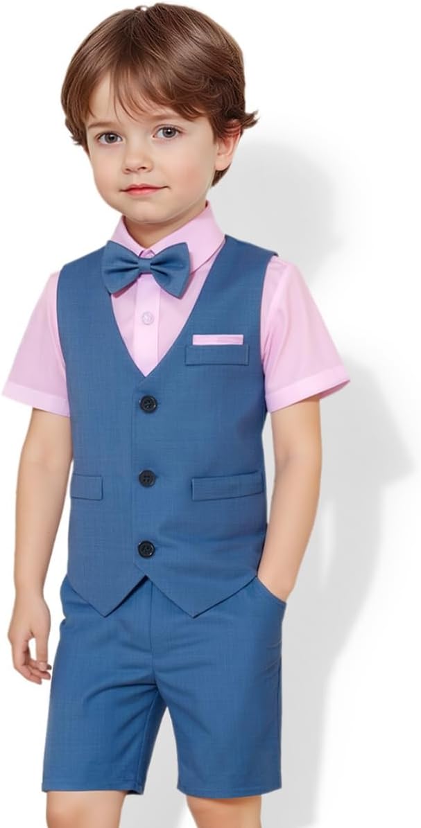 Yilaku Boys Suit Touddler Summer Short Shirt Wedding Gentlemen Suit with Vest + Pants + Shirt + Bowtie 4-Piece Tuxedo Outfits