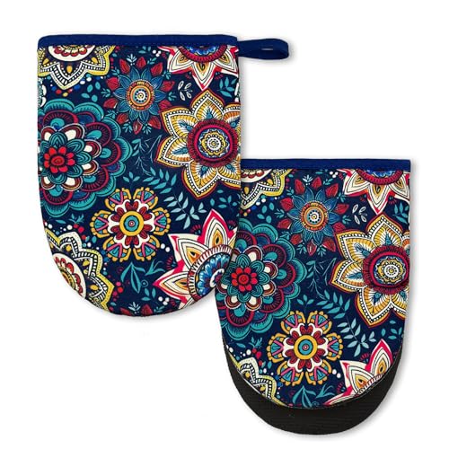 AIMASTZ Boho Floral Mini Silicone Oven Mitts 2-Pack Set, Heat Slip Resistant Kitchen Gloves, Soft Short Oven Mittens for Safe Cooking Baking Grilling