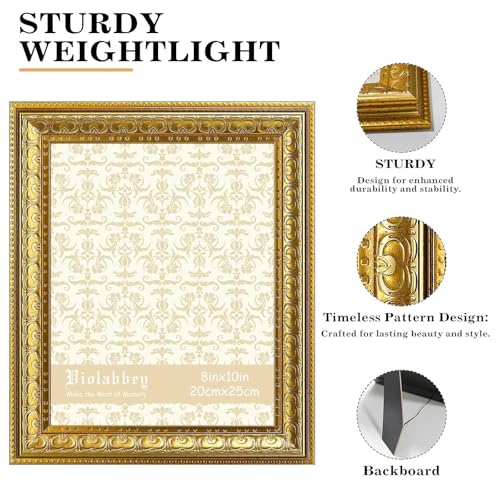 Image of VIOLABBEY 8x10 Picture Frame Gold, Vintage Photo Frame | Antique Ornate Frame, Wall or Tabletop Display, Classic Design for Home Office Decor, Fits 8x10 Pictures