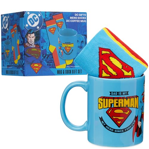 Image of Get Trend DC Comics Superman 11oz Mug and Socks Set, Crew Socks with Ceramic Coffee Mug Microwave Safe, Novelty Gifts for Men, Husband, Boyfriend (Blue /Red Superman)