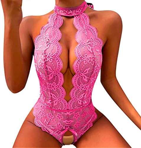 Choker Tie Back Bodysuit For Women V Neck Open Front See Through Lace Lingerie Crotchless Transparent Teddies Sleepwear