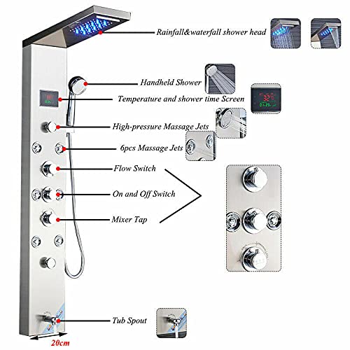 Tticctiy Led Shower Panel Column Tower Brushed Nickel Stainless Steel With Temperature And Time Display 5 Functions Shower Tower System - 4