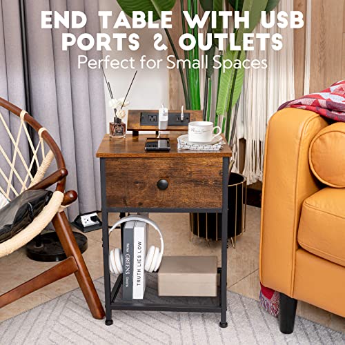 Amhancible Nightstands Set Of 2, Small End Tables Living Room With Charging Station, Night Stands With Usb Ports & Power Outlets, Slim Side Table With Storage Drawers For Bedroom (Rustic Brown) #TOP6