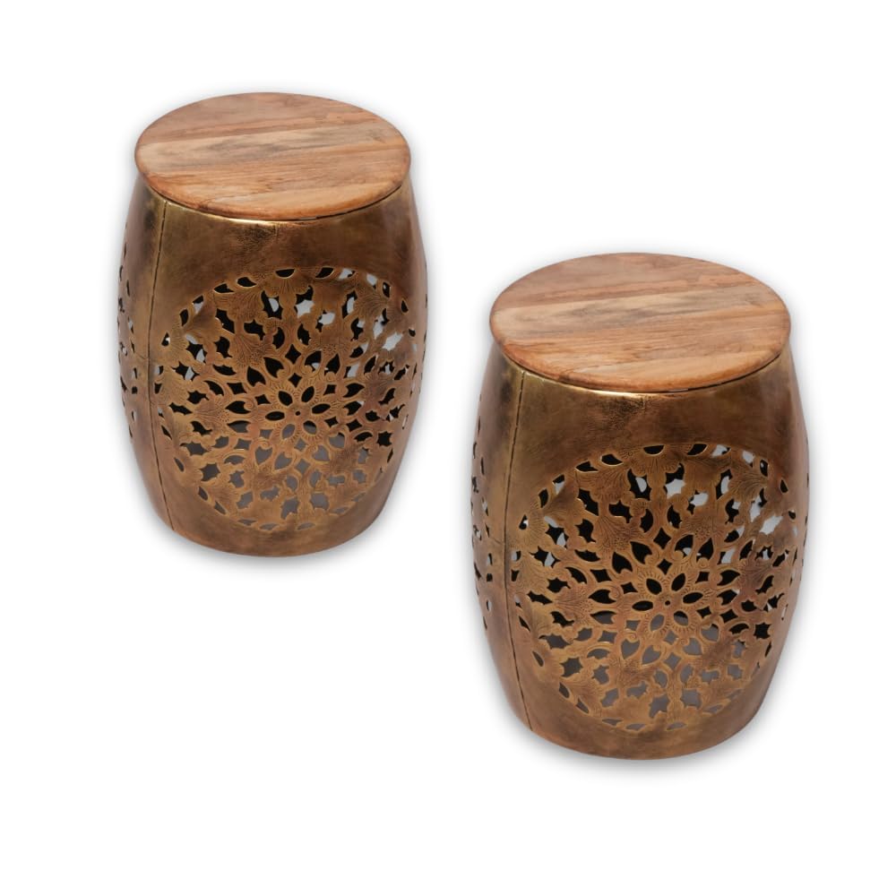 Handcrafted Metal Stool Set of 2 with Solid Wooden Top, Lightweight & Easy to Move, Antique Gold Finish, Decorative Floral Jali Cut Design for Living Room, Bedroom & Balcony (2 Stool)-image-32