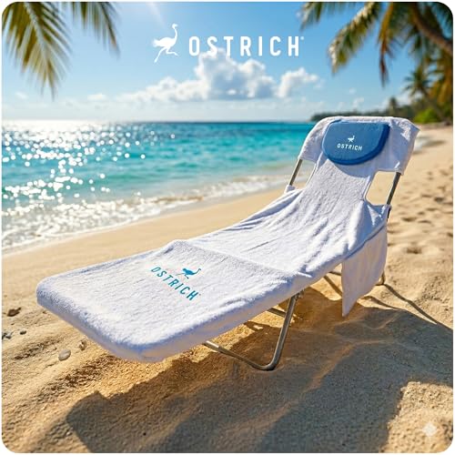 Image of Ostrich Custom Fitted Towel for Chaise Lounge, Outdoor Beach Chair Cover with Storage Pockets, White - Towel Only - Chair Not Included