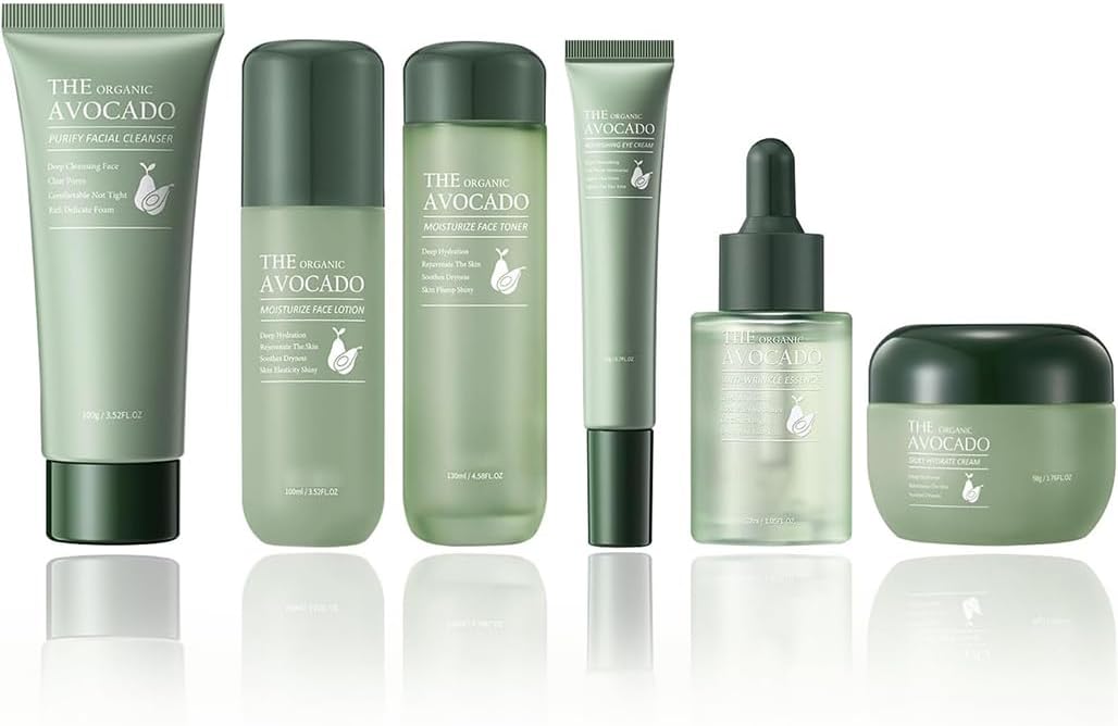 GraGra Avocado Skincare Set, 6 Pcs Hydrating Facial Kit with Cleanser, Toner, Lotion, Serum, Cream & Eye Cream, Suitable for Desert Climates, for Christmas, Valentine’s, Mother’s Day Gift