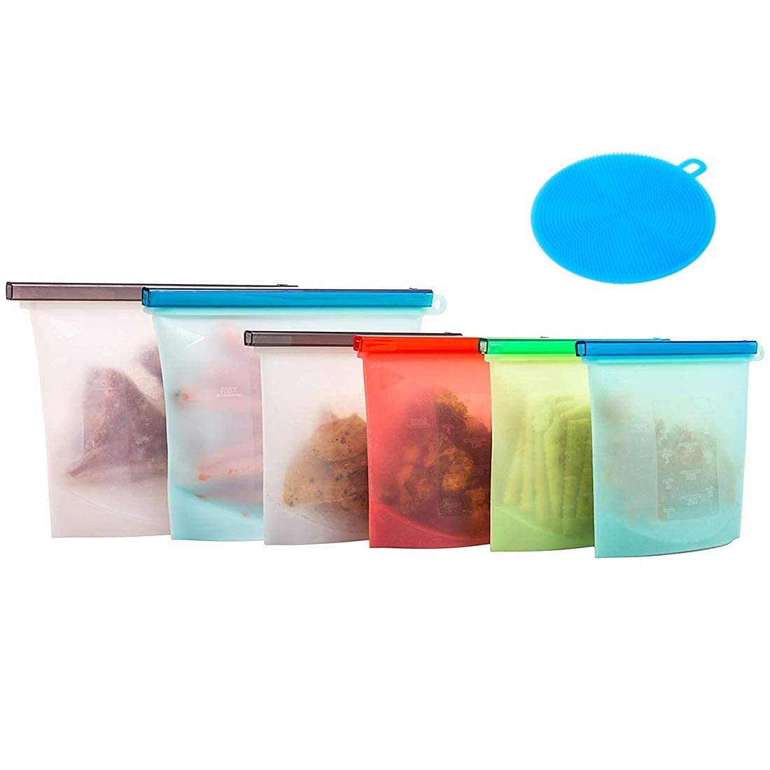Eco-Friendly Reusable Silicone Food Storage Bags, BPA Free Airtight Seal Preservation Bags No Leak Kitchen Container Set for Fruits Vegetables Meat Soup Pack of 6