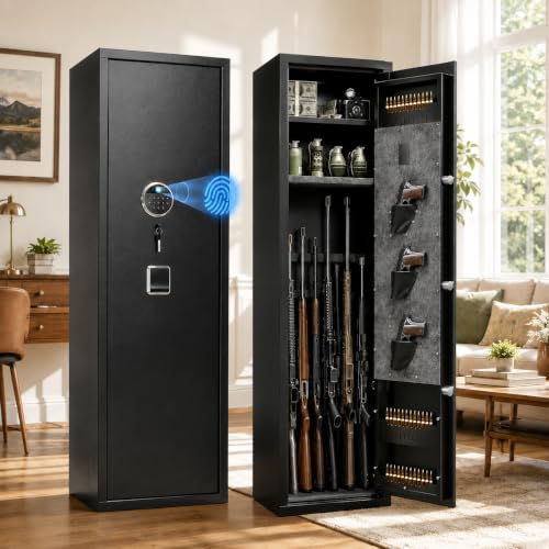 [No Assembly Required]10-12 Gun Safe for Rifles and Pistols, Biometric Gun Safe with Fingerprint and Digital Keypad, 57
