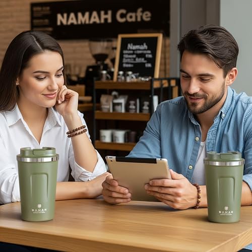 Image of Namah Insulated Coffee Travel Mug 380 ml with Lid, Leak Proof Stainless Steel Thermosteel Vacuum Insulated Mug, Hot & Cold Reusable Coffee Mug for Office, Car Cup Holder Friendly