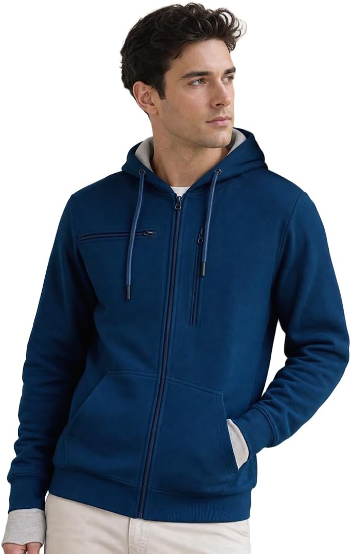 Travel Hoodies for Men|Cotton Fleece Solid Hooded Full Sleeve Sweatshirt|15 Utility Features,Tab & Drinks & earphones Holder,Charger & Sunglass Pocket, Microfiber Cloth,In-Built Gloves,Eye Mask