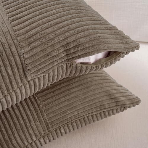 Image of Fancy Homi Set of 2, Light Brown Patchwork Corduroy Decorative Soft Striped Modern Accent Cushion Case Farmhouse Boho Neutral Throw Pillow Covers for Chair Couch Bed Sofa Living Room 20x12 Inch