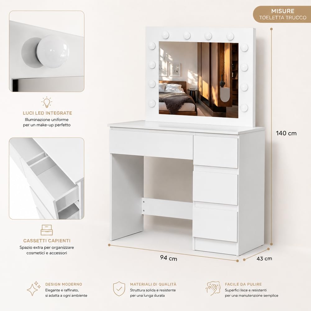 Shally Dogan Toeletta Trucco Bianca con Specchio e 12 Luci LED, 3 Cassetti, Postazione Makeup in Legno Design Minimal, Ideale per Interni, Casa, Camera da Letto, Cameretta 94 x 43 x 140 cm