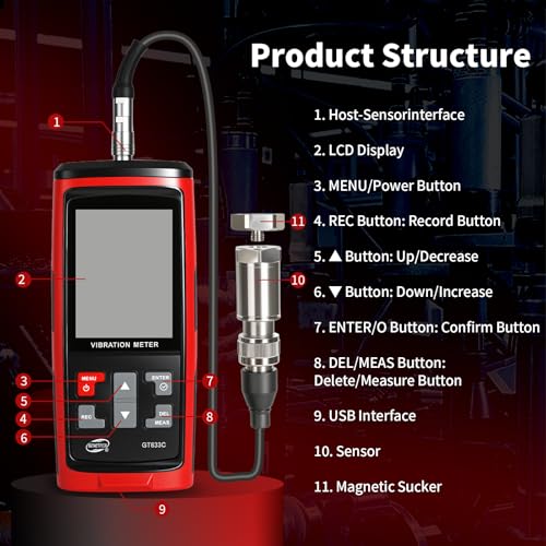 CHENNTAI Portable Digital Vibration Meter, with TFT Smart Screen 397000 Data Storage for Accurate Measurement of Acceleration Velocity Displacement Frequency Temperature