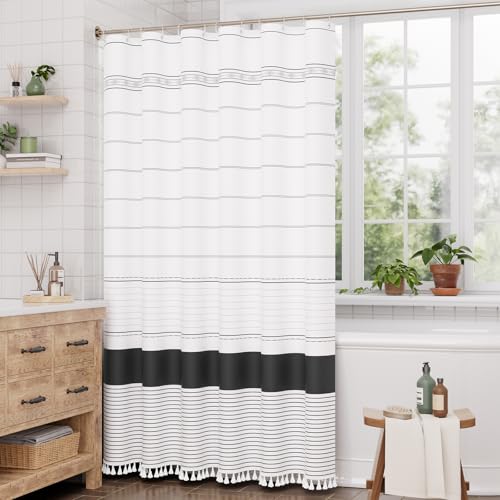 Image of AmazerBath Boho Shower Curtain Set, Rustic Faux Linen Black Striped Shower Curtain with Hooks, Modern Farmhouse Shower Curtain with Tassels, White Base Toned, 72x72 Inches