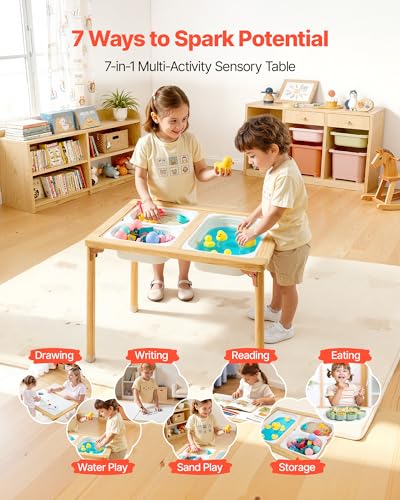 Image of VEVOR Sensory Table for Toddlers, Foldable Wooden Kids Activity Table with Double-Sided Board, Storage Bins, and Non-Slip Feet, for Boys and Girls Playing Sand and Water, Drawing, Studying, Dining