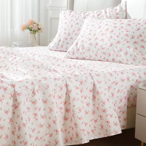 Image of MUXHOMO Full Size 4 Piece Sheet Set, Soft Breathable Bed Sheet Set for Bedroom with Deep Pocket Up to 16 inch, Wrinkle-Free & Cooling Bedding for Oeko-TEX Certified - Blossoms Pink