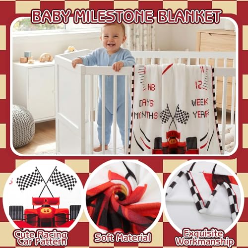 Image of Racing Car Baby Monthly Milestone Blanket for Boys Flannel Blanket Newborn Infant Swaddle Baby Growth Blanket Photography Background with Wooden Signs,Frames,Bib
