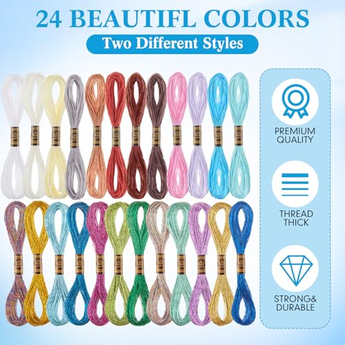 Image of WILLBOND 24 Pcs Metallic & Cotton Embroidery Floss, 24 Vibrant Colors, Polyester Blend, 8.75 Yards Each, Ideal for Embroidery, Cross-Stitch, DIY Crafts