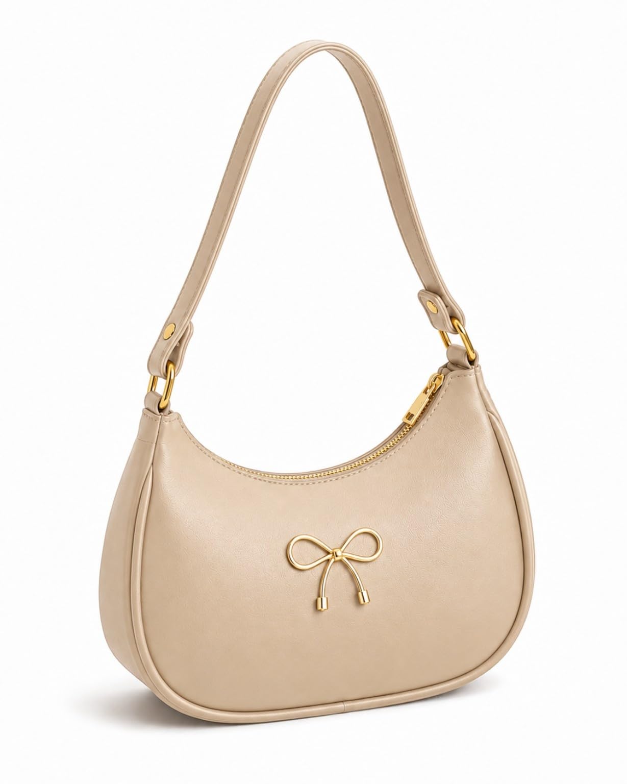 Black Shoulder Bag with Gold Bow Detail and Zip Closure | Crescent Shape, Gold-Tone Hardware, Adjustable Strap, Faux Leather, Women's Handbag-image-10