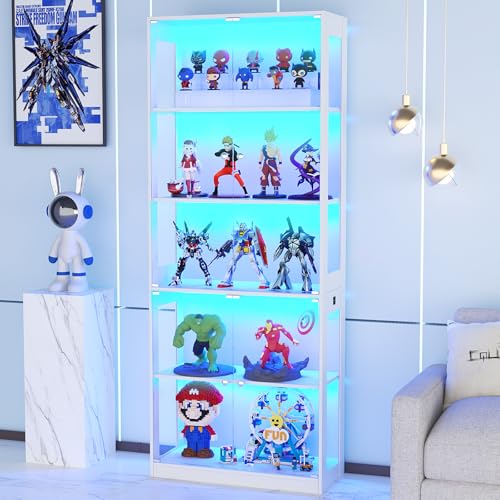 VOWNER 5-Lagen LED Vitrine mit Glastür, Vitrinenschrank mit 3-farbige Beleuchtung Bewegungssensor, Glasvitrine für Sammlerstücke, Bücherregal für Wohnzimmer, Schlafzimmer, Büro (Weiß, 5 Einlegeböden)