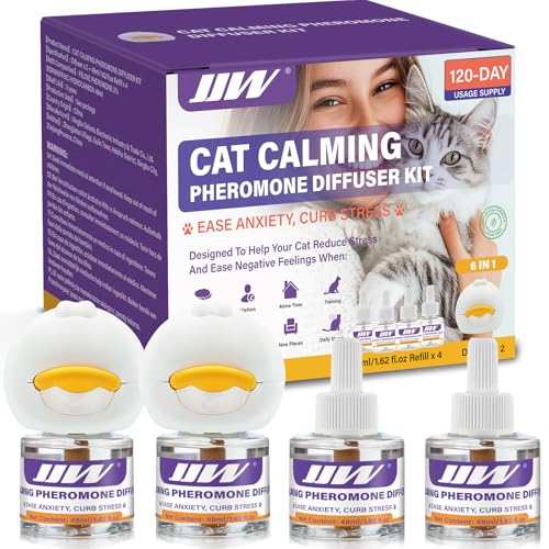 JJW Kit Diffusore di Feromoni Calmanti 6 in 1 per Gatti - Riduce Ansia, Lotte e Graffi, 2 Diffusori + 4 Ricariche, 120 Giorni di Uso (Viola, S)