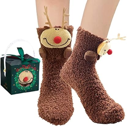 Foto di BINXWA calzini divertenti per donna mamma, antiscivolo alce di Natale per casa, calzini coccolosi soffici con confezione regalo
