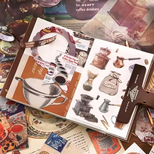 Image of VIBE VISTA Vintage Aesthetic Scrapbook Kit, 346 Pcs, A6 Grid Notebook, Washi , Envelopes, Folding Labels, Background Papers, Photo Frames, Calendar Stickers (Coffee Bazaar, Coffee)