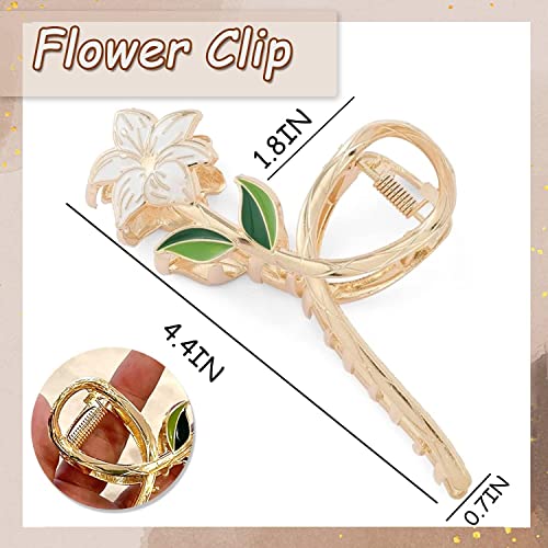 Flower Hair Clip, 1Pcs Metal Hair Claw Clips With White Flowers And Green Leaves Pattern Large Size, Elegant And Noble, Suitable For All Occasions, Perfect Addition To Women's Outfit 1Pcs (Flower) #TOP1