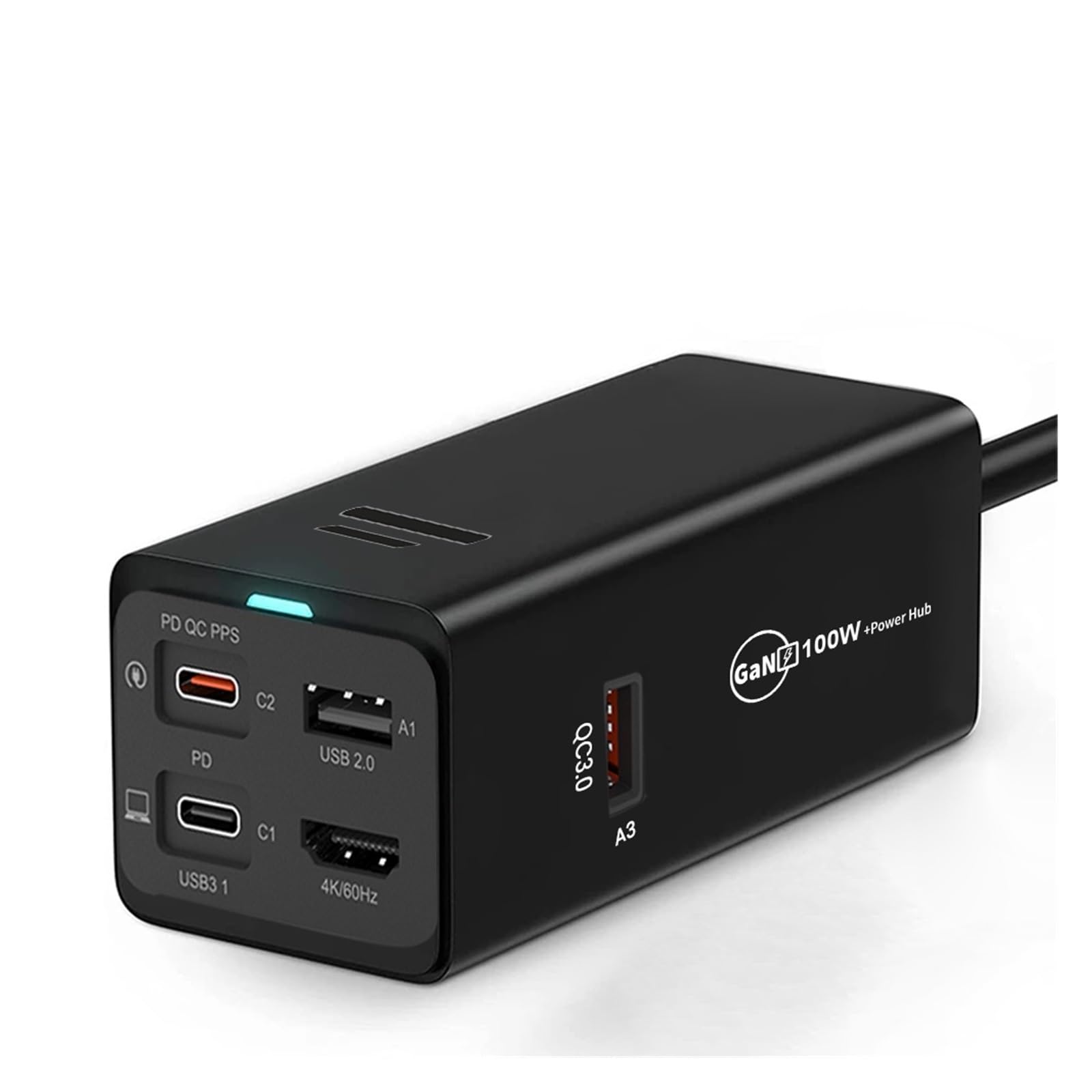 Cargador USB C 2D de 100 W, Potente Cargador de Pared rápido PD GAN 3 con estación de Carga multipuerto for tabletas y portátiles(A-U,Black-CHPD164)