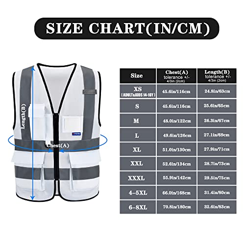 Image of Hi-Vis Reflective Vest, Transparent ID Pocket, Zipper, White, 3XL | White 3XL safety vest with 7 pockets, transparent ID pocket and radio mic loop for authorized visitors; unisex workwear.