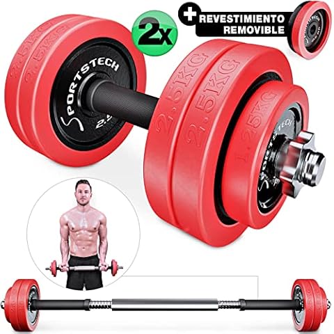 Sportstech Juego de Mancuernas 2en1 AH300 con Recubrimiento de Silicona y Barra Ajustable Cover