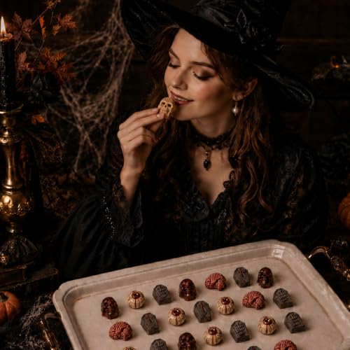 Image of HKNMTT Skull Candy Chocolate Cake Pan 5-Shapes Halloween Silicone Mold | Skull Eyeball Tombstone Coffin Brain Mold 25-Cavity for Candy Gummy Chololate Jello Ice Cubes Muffin Non-Stick Food Grade