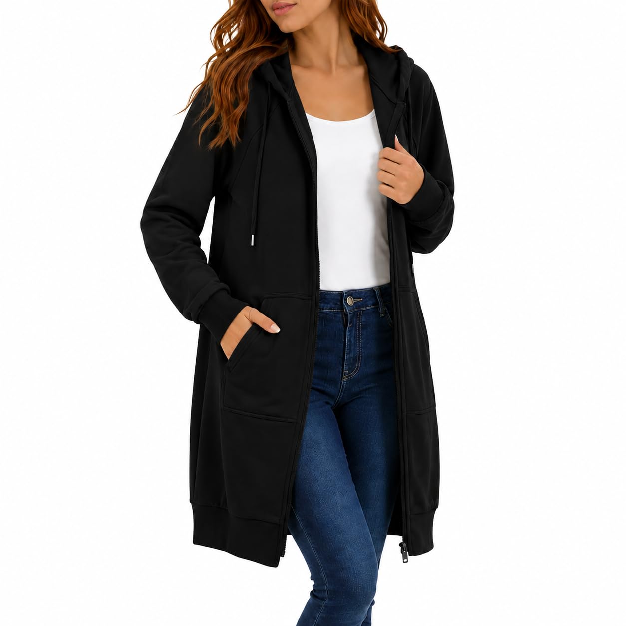 Womens Long Zip Up Hoodie Jacket Casual Open Front Tunic Sweatshirt with Pockets Fleece Lightweight Fall Winter Coat