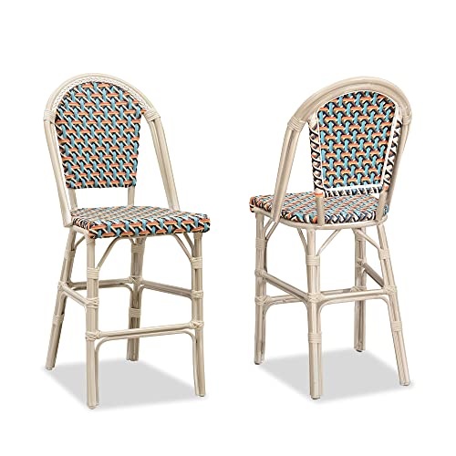 Image of PURPLE LEAF French Counter Height Bar Stool Set of 2 25 inch White Print Finish Patio Bar Chairs with Back Rattan Bar Chairs French Bistro Set for Kitchen Outdoor Counter Stool Colorful