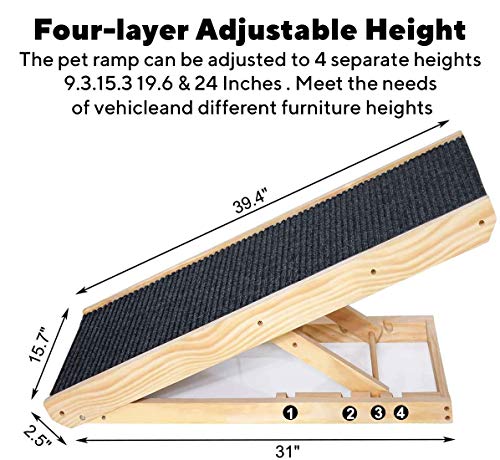 SASRL Adjustable Pet Ramp for All Dogs and Cats - for Couch or Bed with Paw Traction Mat, 40 in Long and Adjustable from 9” to 24” - Non Slip Carpet Surface Height Adjustable Ramp Up to 200 Lbs