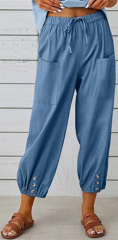 Womens Capri Pants Cotton Linen Cropped Trousers Summer Wide Leg Drawstring High Waist Palazzo Pants with Pockets - Image 2