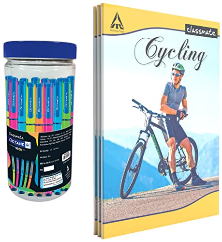 Image of Classmate Octane Neon Gel 25s Jar- 25 Blue Gel Pens Long Book - Single Line, 140 Pages, 297 mm x 210 mm - Pack Of 3