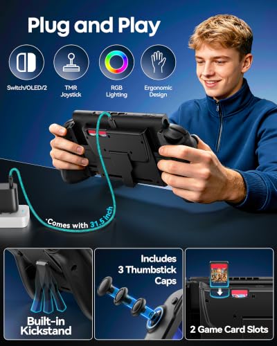 Image of Switch 1 / 2 Controller for Original / OLED / Switch 2 Games Console, Stretchable Switch Handheld Joypad Ergonomic Grip for Nintendo Pro Controller with RGB Lighting, TMR Joystick, Turbo, 4 Macro - Black