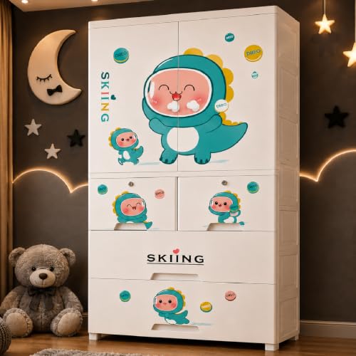 Image of Mevigo 4-Door Plastic Wardrobe for Kids| Almirah and Wardrobe for Baby Clothes| Modular Storage Cabinet with Wheel Organizer for Cupboard Rack for Clothes /Shoes /Books /Toy-White-Snow Bear