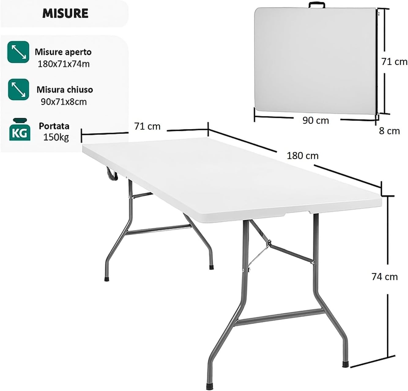 PALUPLUS Tavolo Catering Rettangolare a Valigetta Bianco 180x71x74 cm Tavolo Pieghevole Resina Metallo