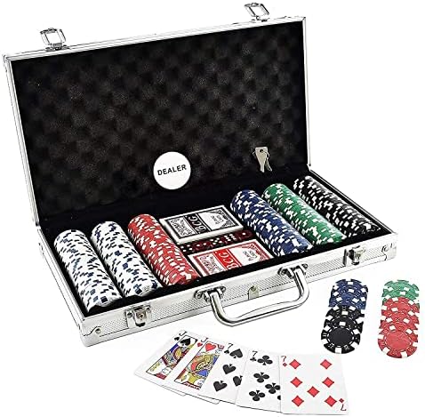 Classic Poker Chips Set - 300 Pieces with Aluminium Case, 2 Card Decks, 5 Dice, Dealer Button | Ultimate Casino Game Experience