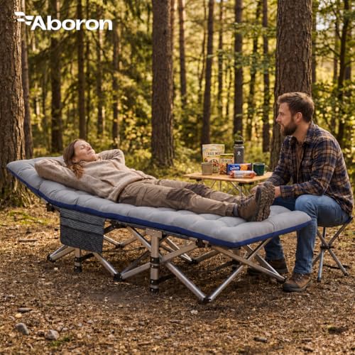 Image of ABORON XXL Camping Cot for Adults, Oversized 78 inchx32 inch Folding Camping Bed, 900LBS Heavy Duty Outdoor Sleeping Cot with Mattress Pad, 1200D Oxford, Portable with Carry Bag