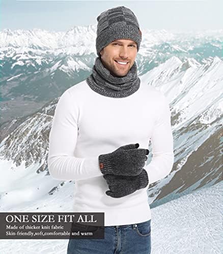 Bequemer Laden Mens Womens Winter Knit Warm Beanie Hat Scarf Touchscreen Gloves Set Slouchy Skull Cap Neck Warmer with Fleece Lined